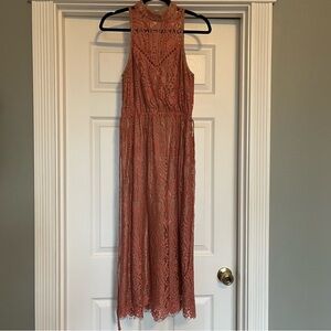 Wayf Lace Midi Dress in Terracotta